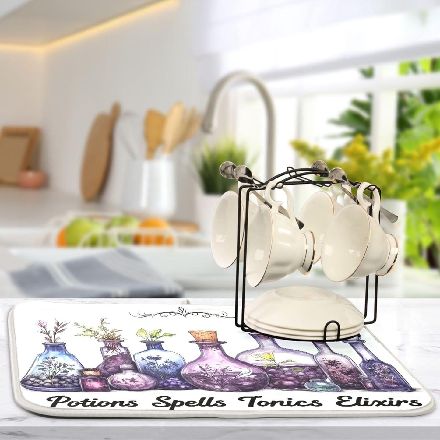 Halloween Potions Dish Drying Mat for Kitchen Countertop 16x18 Witch Herbs Purple Spooky Small Drying Mat Reusable Quick Dry Dish Sink Mats Easy Clean Decorative Essentials