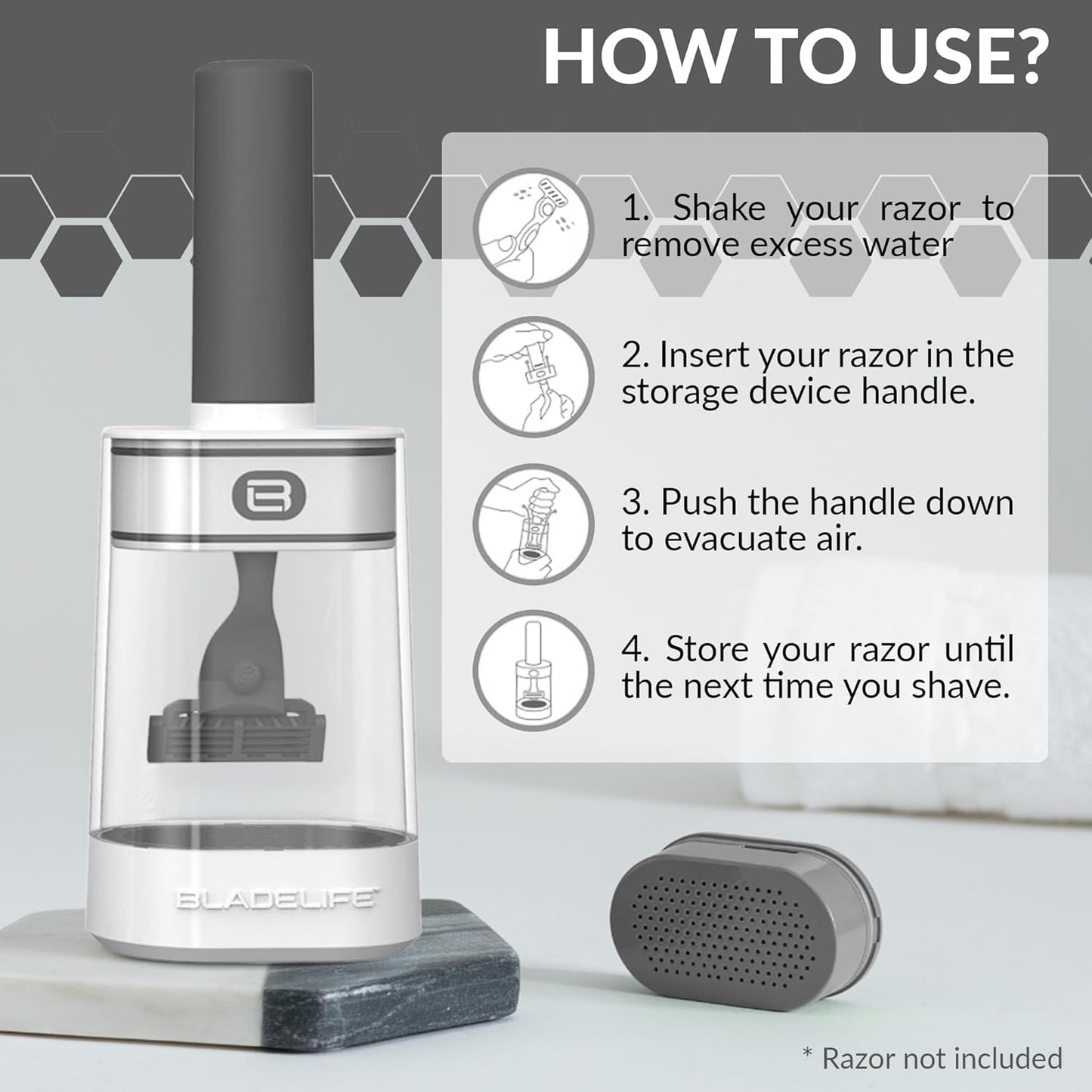 BLADELIFE Razor Storage Device for Women & Men Dark Grey - Fits All Leading Razors - Doubles The Life of Your Blade - Razor Travel Case 2024 New Model