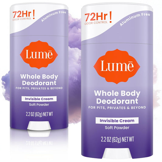 Lume Whole Body Deodorant - Invisible Cream Stick - 72 Hour Odor Control - Aluminum Free, Baking Soda Free, Skin Safe - 2.2 Ounce (Pack of 2) (Soft Powder)