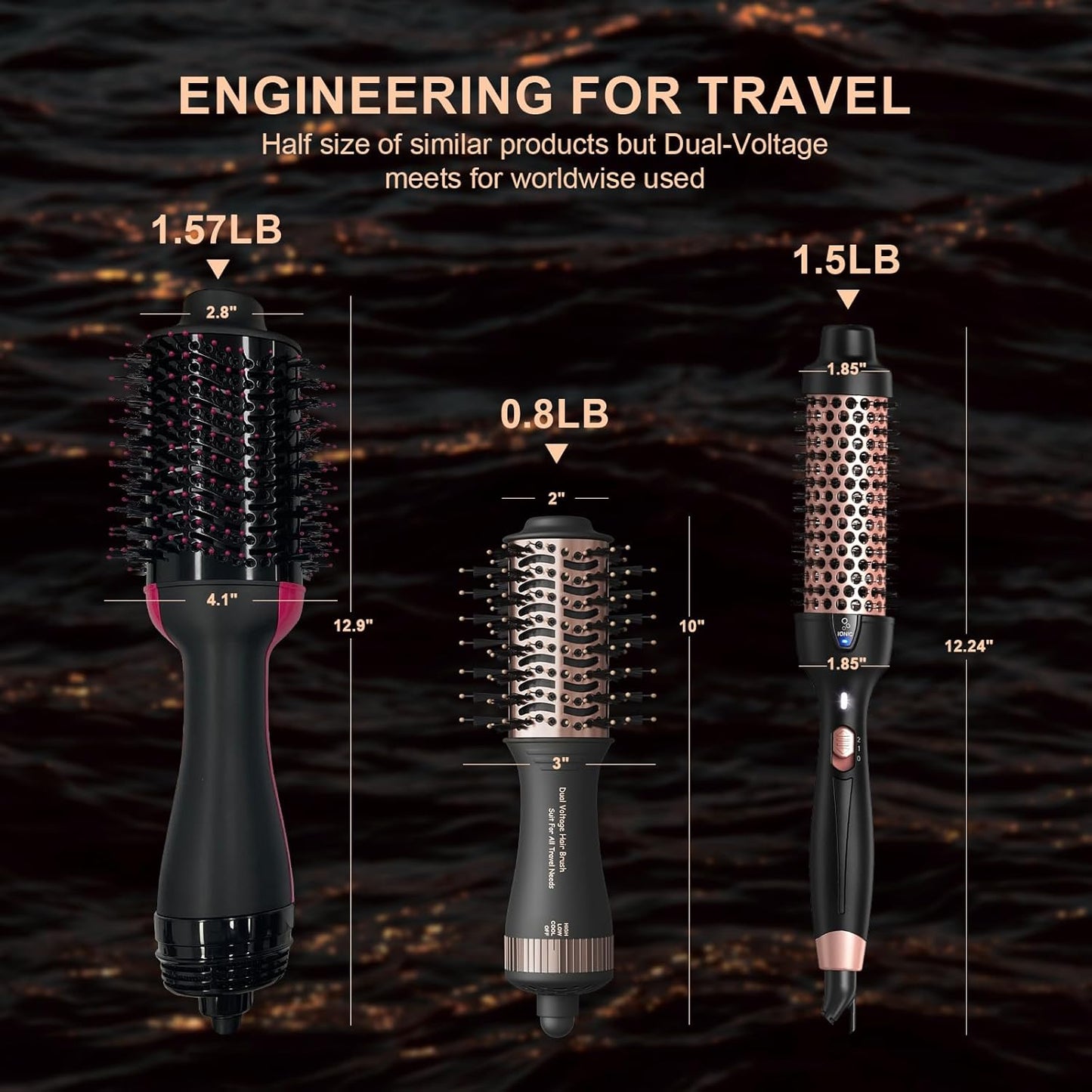 Travel Dual Voltage Blow Hair Dryer Brush 4-IN-1 Portable Mini Hot Air Dryer Straightener & Curler Brush, Titanium 2-Inch Blowout Styler Volumizer Tool, 110/240V US/EU/UK Plug for International Travel