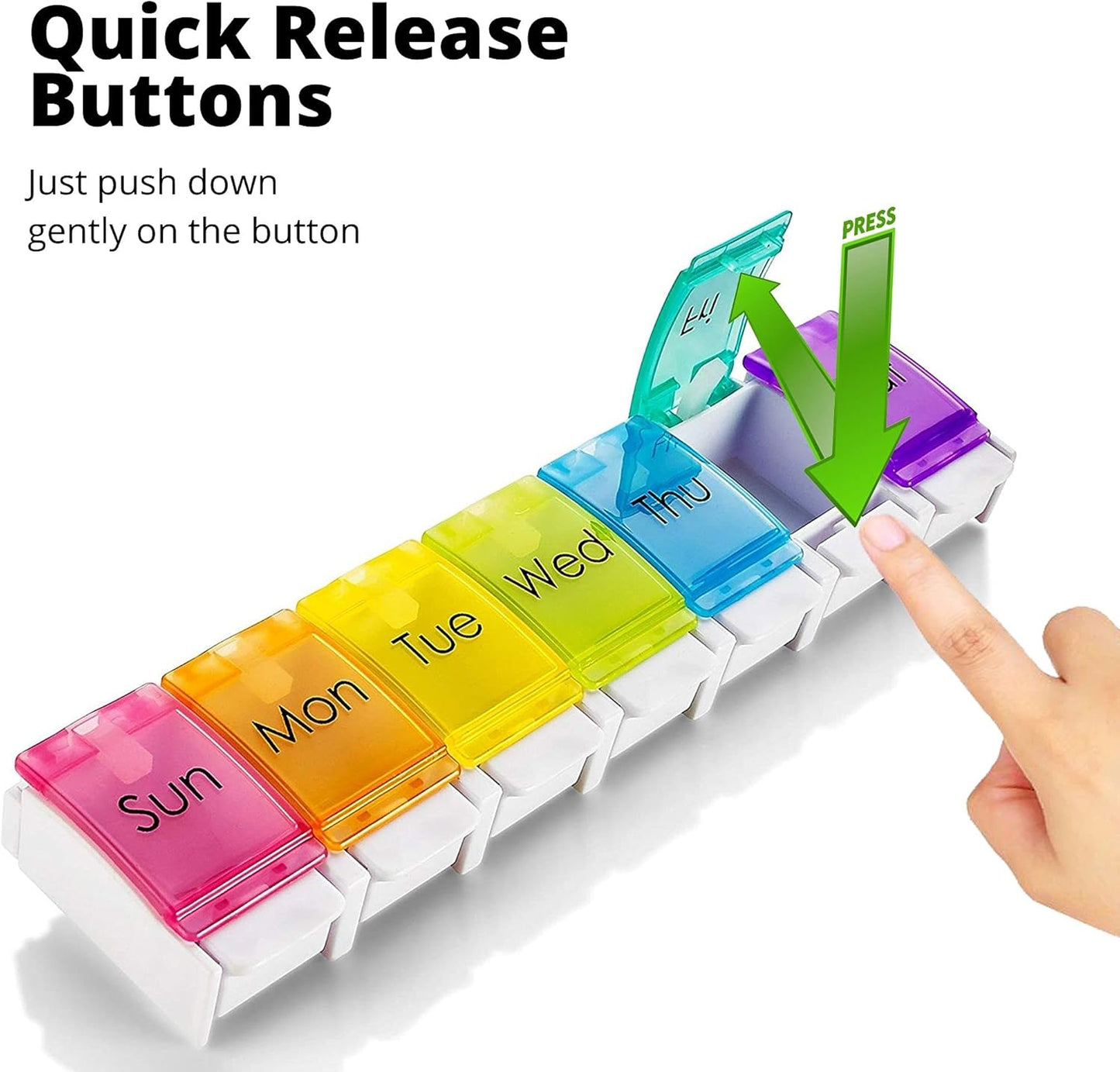 PERFORMORE 2 Pack of Portable Weekly 7-Day Pill Organizer, Travel Medicine Box, Rainbow Color, BPA Free with Easy Push Button Design Case Holder for Pills, Vitamin, Supplements and Medicine