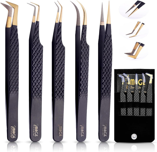 5 Pcs Fiber-Tip Japanese Steel Lash Tweezer Set with Leather Case, Professional Eyelash Tweezers for Lash Extensions – Titanium Coated, 90 & 45 Angled, Precision Pointed Tweezers (MATT BLACK)