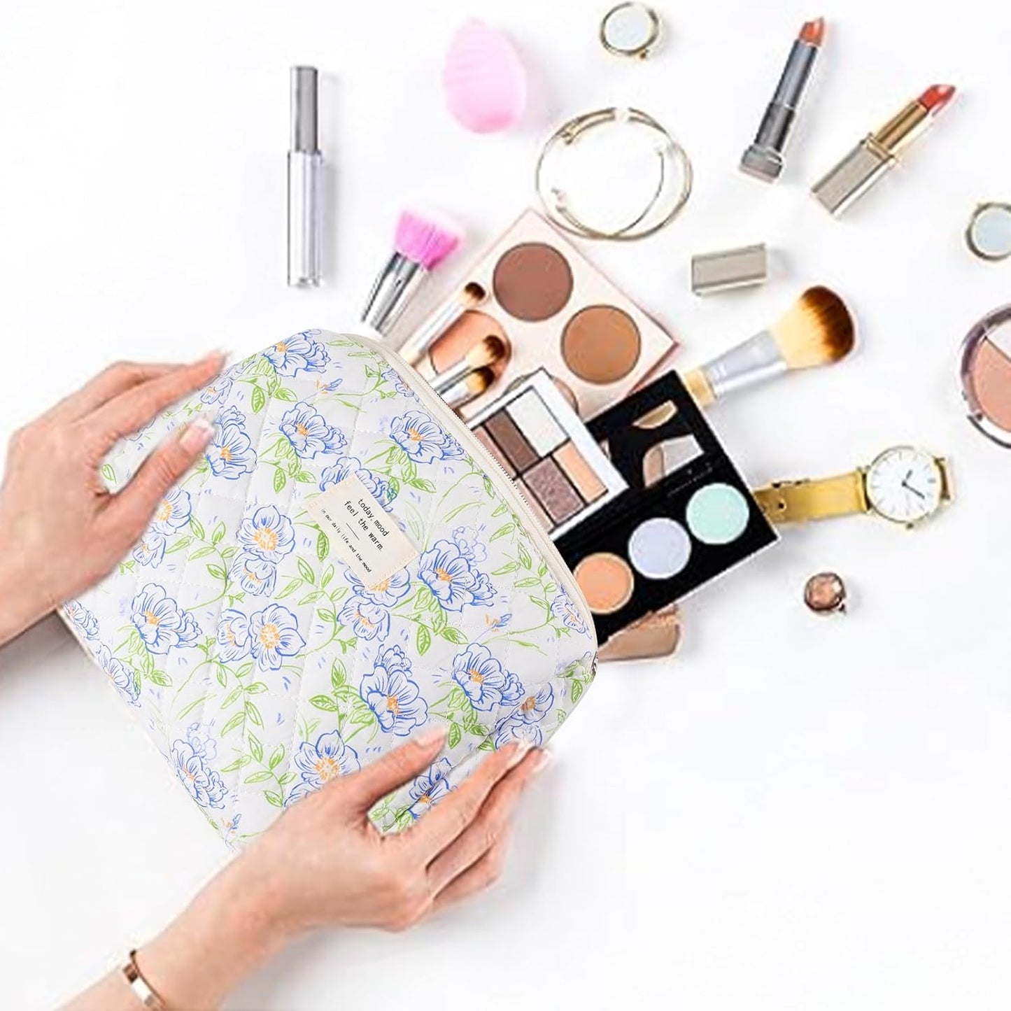 Quilted Cotton Cosmetic Bag 2Pcs Coquette Makeup Bag Travel Makeup Bag for Women Large Makeup Pouch Aesthetic Floral Cosmetic Pouch Toiletry Bag for Women Gift for Lover Daughter Sister Mom