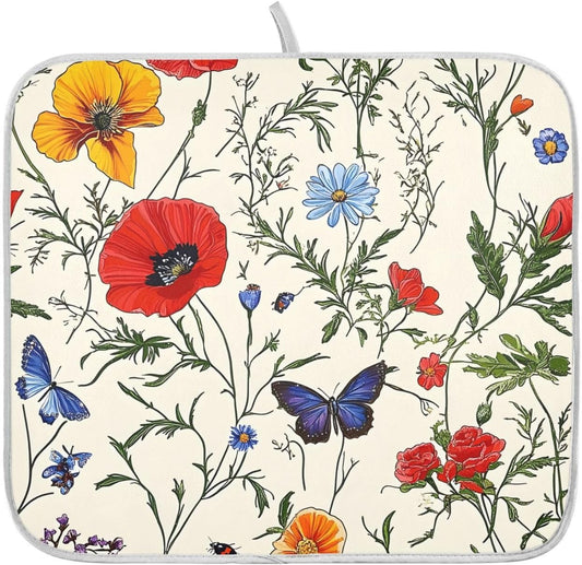 Butterfly Red Tulip Wildflower Dish Drying Mats for Kitchen Counter Absorbent Microfiber Dish Drying Matt 16 x 18 Inch Draining Reusable Rack Pad