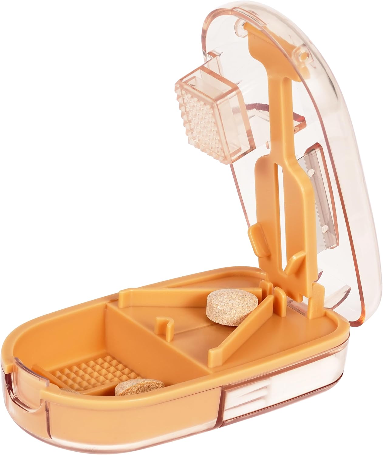 Pill Cutter Splitter for Small and Tiny Pills, or Large Pills. V-Shaped Design for Multiple Sizes. Safety Blade Guard. Loss-Proof Built-in Small Brush & Sliding Door Pill Storage (Khaki)