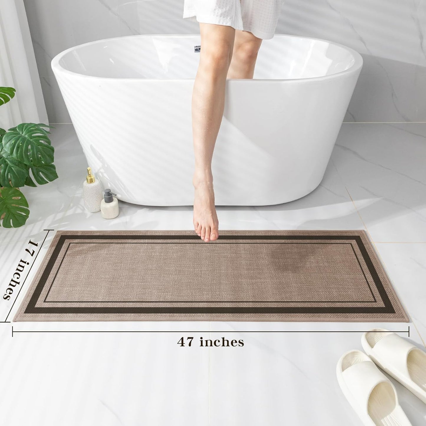 chakme Bathroom Rugs Mat 47x17, Ultra Thin Non Slip Bath Rug Runner Quick Dry Absorbent Bath Mat for Bathroom, (Dark Beige, 47"x17")
