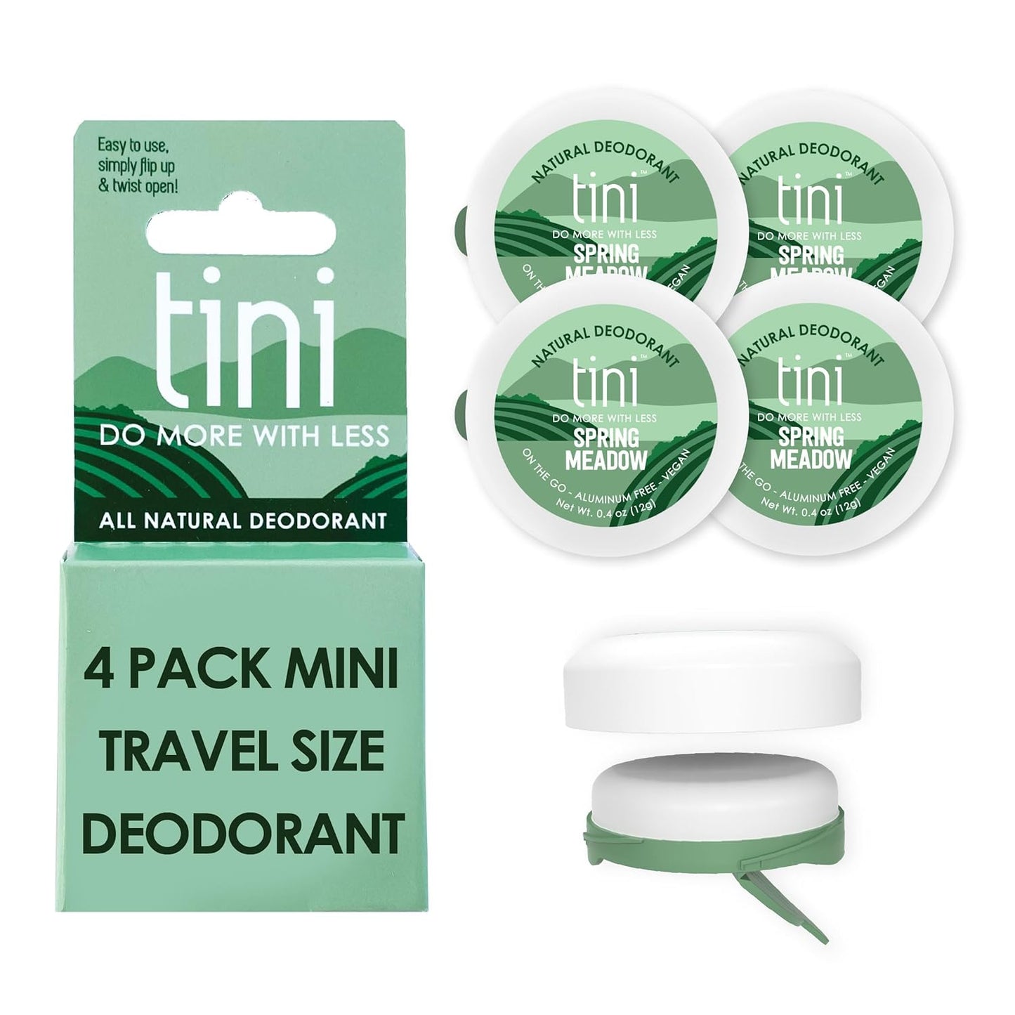 Tini Naturals Deodorant, Travel Size Aluminum Free Deodorant for Women & Men with Coconut Oil and Shea Butter, 0.4 oz Each (4 Pack), Spring Meadow Scent