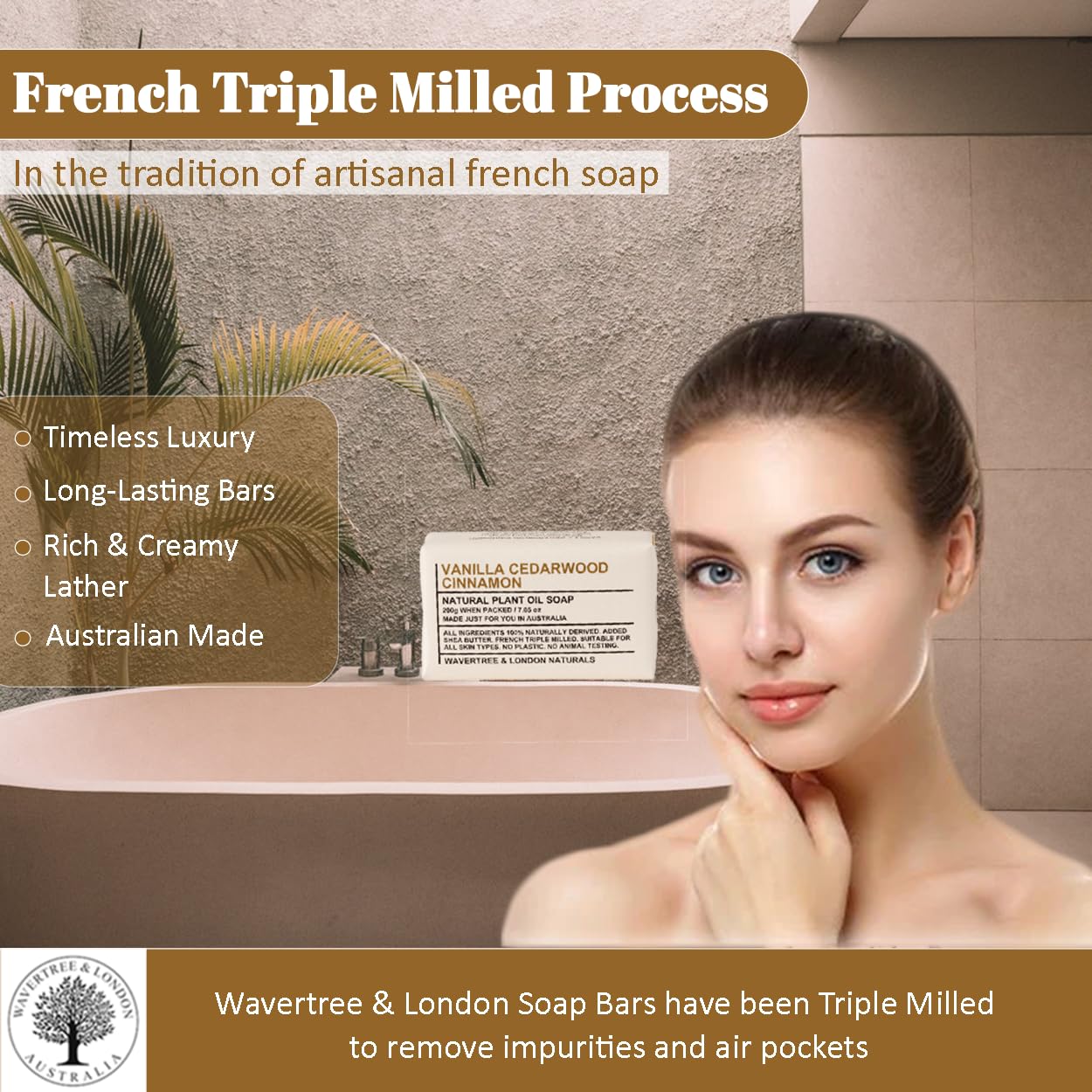 Wavertree & London Vanilla, Cedarwood & Cinnamon Scented Natural Soap (8 Bars), 7oz Moisturizing French Triple Milled Soap Bars enriched with shea butter, Plant Oil Bath & Body Bars for All Skin Types
