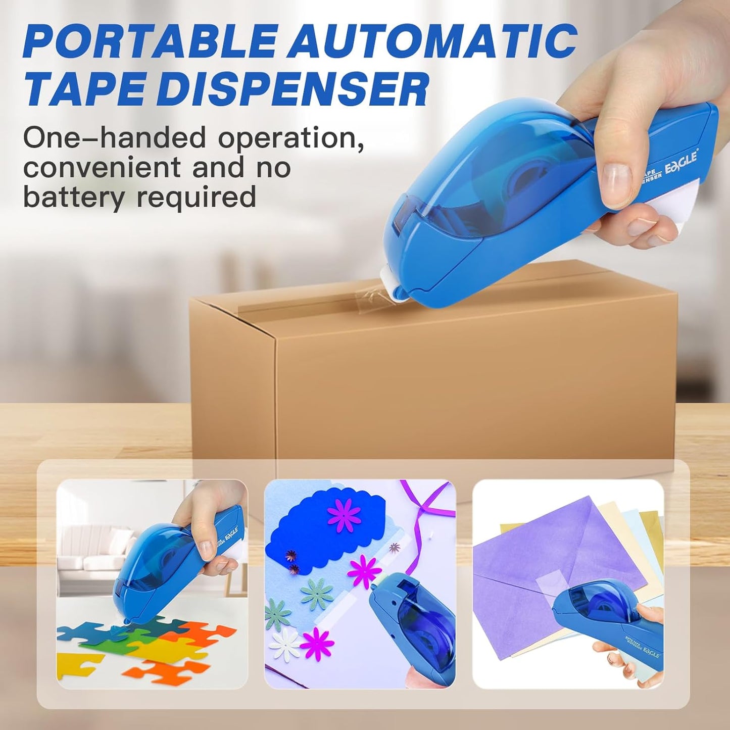 Eagle Automatic Tape Dispenser, Handheld & Portable Design, Office Tape Gun, One-Handed Operation with Safety Blade for Office, Home, DIY or Packaging (Includes 2 Free Tapes)（Blue）