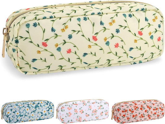 Nylon Small Floral Makeup Bag Slim Pouch, Preppy Cute Makeup Brush Case Bag Flower Cosmetic Zipper Pouch for Purse, Waterproof Travel Toiletry Bag Make Up Organizer for Women Girl(Light Yellow-Flower)