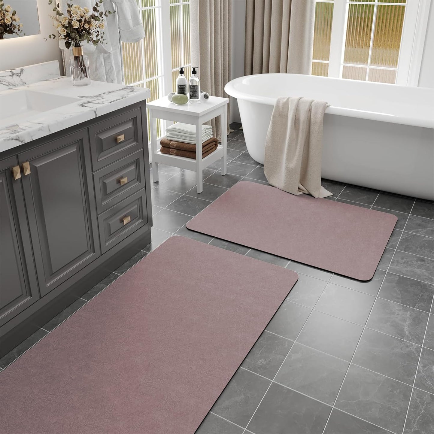 Blush Pink Bath Mat Set 2 Piece - Quick Dry Super Absorbent Diatomaceous Earth Bathroom Rugs With Rubber Backing Non-Slip for Shower Floor, 47x17 + 24x17