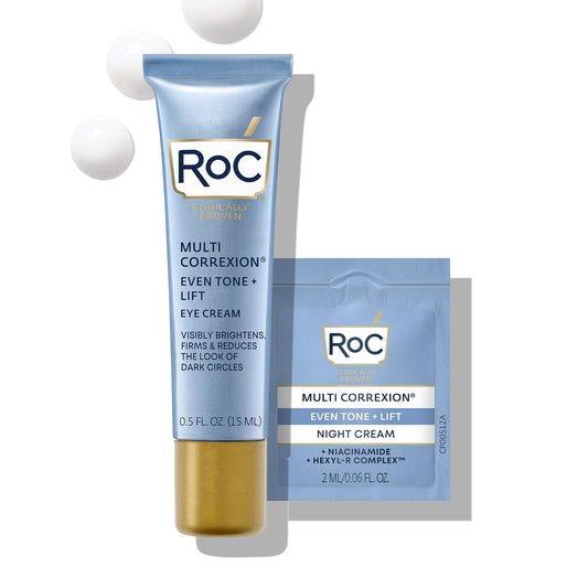 RoC Multi Correxion 5 in 1 Anti-Aging Eye Cream for Puffiness, Under Eye Bags & Dark Circles, Skin Care Treatment with Shea Butter, (.5 oz) with Night Cream Packette (Packaging May Vary)