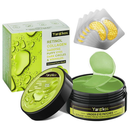 Green Eye Mask 60Pcs, 5 Portable 24K Gold Hydrating Under Eye Patches, 30 Pairs Women Men Collagen Undereye Gel Pads for Dark Circles Puffy Eyes Puffiness Wrinkle Eye Bag Treatment