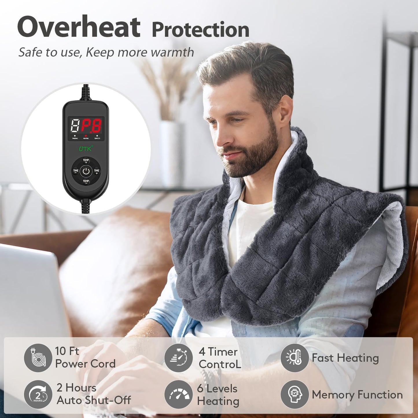 UTK Weighted Heating Pad for Neck and Shoulders and Back, 30s Fast Heat,6X Deeper Pain Relief, Faux Rabbit Fur Fabric, 8 Heat Settings Max 159℉, 4H Auto Off, Memory Function, 24"x 20", Gifts for Women