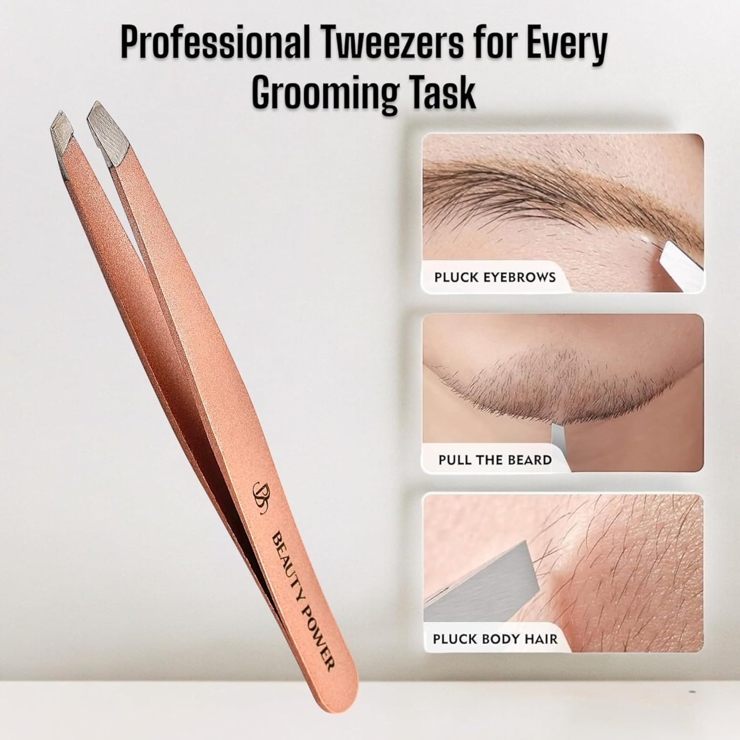 Slant Tip Precision Tweezers - Stainless Steel Eyebrow Tweezers for Women & Men - Precision Tweezers for Facial Hair, Ingrown Hair & Brow Shaping - Professional Beauty Tool (Rose Gold)