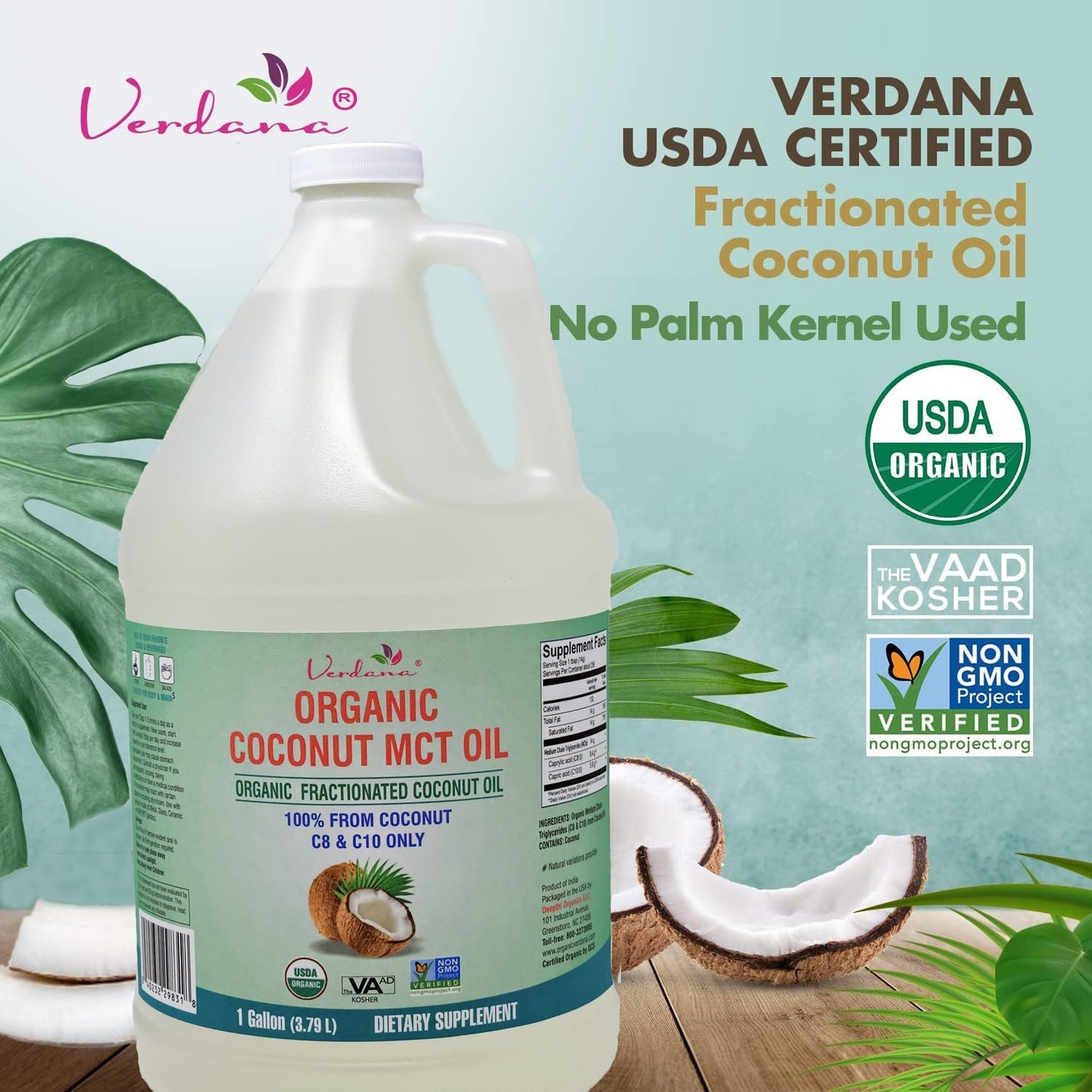 Verdana USDA Certified Organic Coconut MCT Oil –Fractionated Coconut Oil – No Palm Kernel Used – Kosher, Food Grade, Non-GMO – Great for Keto and Paleo Diets, Oil Pulling Rinse Mouthwash – 1Gallon