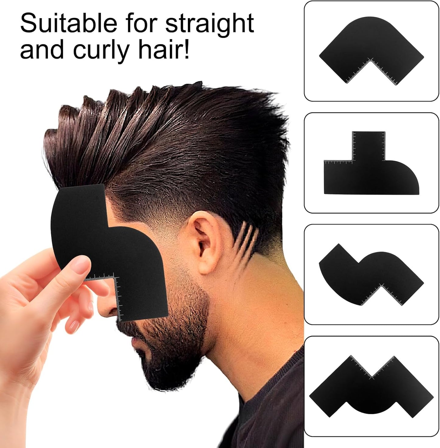 Barber Hairline Enhancement Card Set with Measurement Indicators, 4 Reusable Beard & Edge Up Shaping Tools for Spray Color, Hairline Stencil Template with Storage Ring for Line-Up and Fade Precision