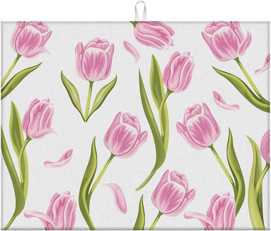 Dish Drying Mat For Kitchen Counter, Pink Tulip Flower Microfiber Absorbent Dish Drainer Rack Pad Reusable Large 18x24in Drying Mat