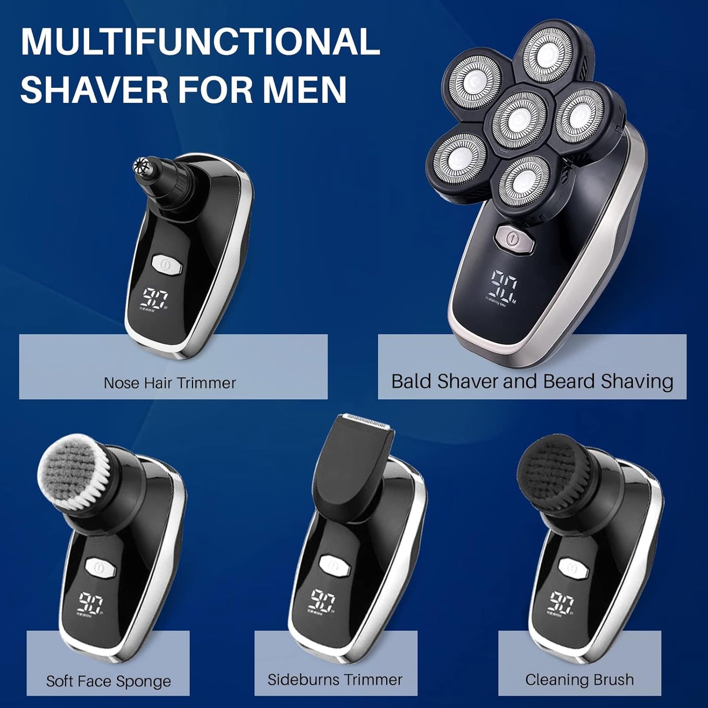 Head Shavers for Bald Men Rotary Electric Razor Cordless Electric Shaver Rechargeable Head Shaver Waterproof Mens Head Razor Multifunctional Shaving Grooming Kit for Balder (Black)
