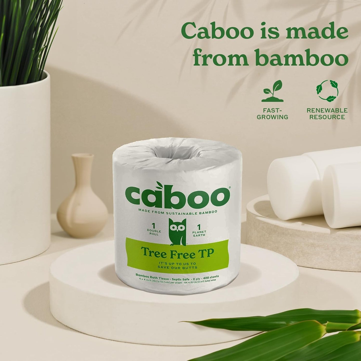 Caboo Tree Free Toilet Paper, Septic Safe Bath Tissue, Soft 2 Ply Sheets, 300 Sheets Per Roll, 16 Double Rolls