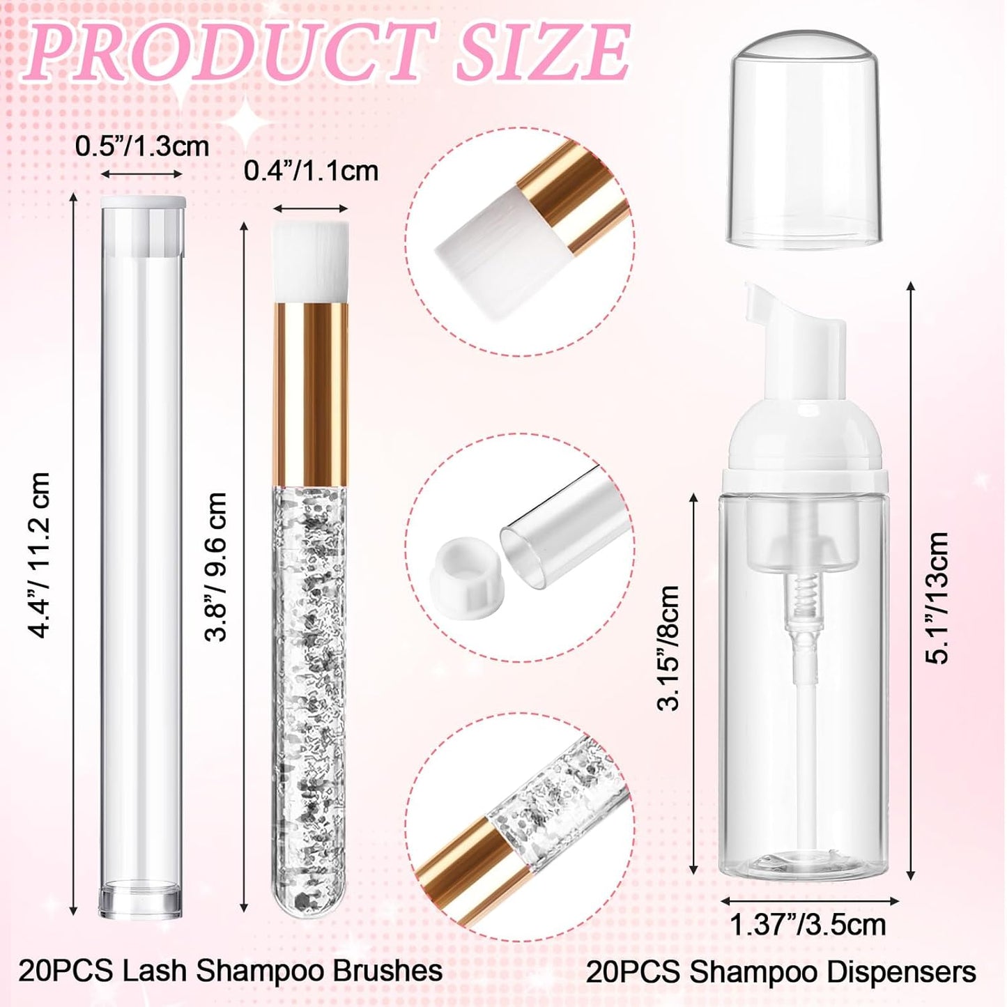 Zhehao 80 Pcs Lash Shampoo Bottle Brushes Kit 20 Foam Pump Dispensers 20 Lash Shampoo Brushes 20 Eyelash Aftercare Bag 20 Cleaning Pipes, Eyelash Extension Supplies(White, Sliver)