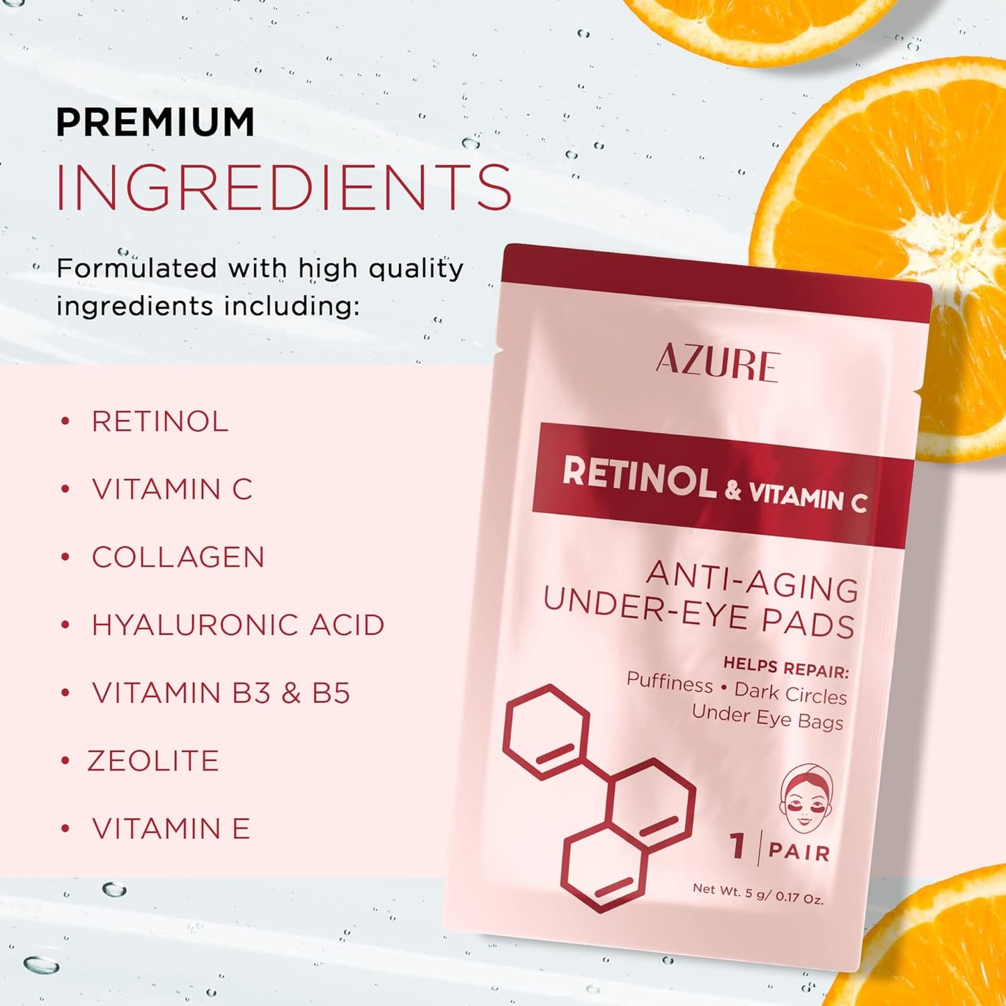 AZURE Retinol & Vitamin C Anti Aging Under Eye Pads - Hydrating & Refreshing Eye Mask Patches - Reduces Fine Lines, Wrinkles, Dark Circles & Puffiness - Skin Care Made in Korea - 5 Pairs