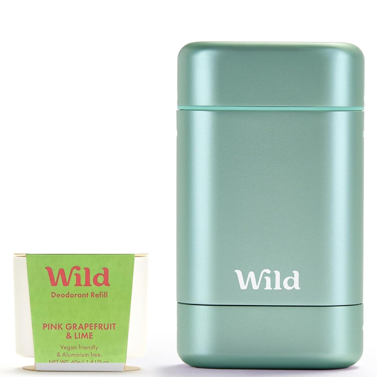 Wild - Refillable Deodorant Starter Kit with Aqua Case and Pink Grapefruit & Lime Scented Refill 1.4oz - Aluminum Free - Long Lasting Protection - Vegan