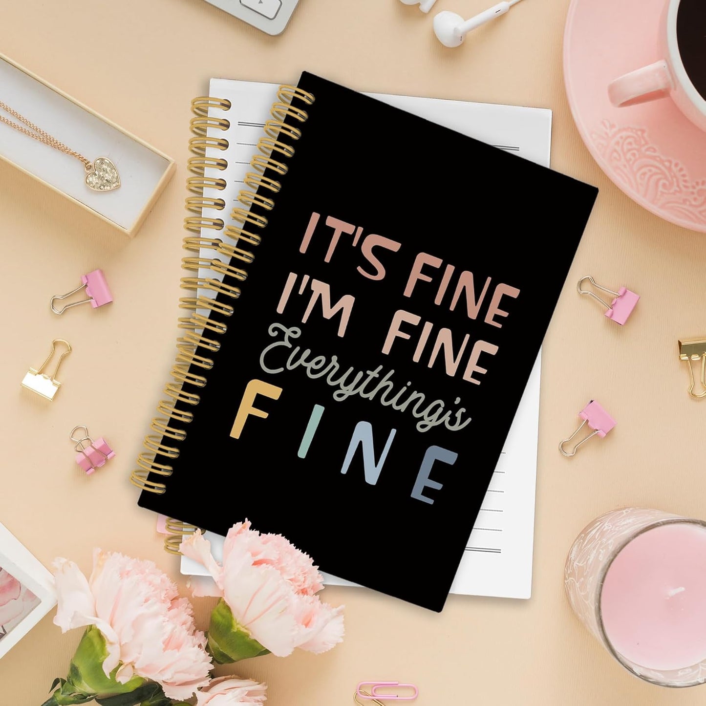 XPH Funny Black Spiral Notebook, It's Fine I'm Everything Is Fine Journaling Notebooks for Women Men, Humorous Hardcover Journals for Office 160 Pages 5.5 x 8.3 Inch, Sarcastic Gifts for Coworkers