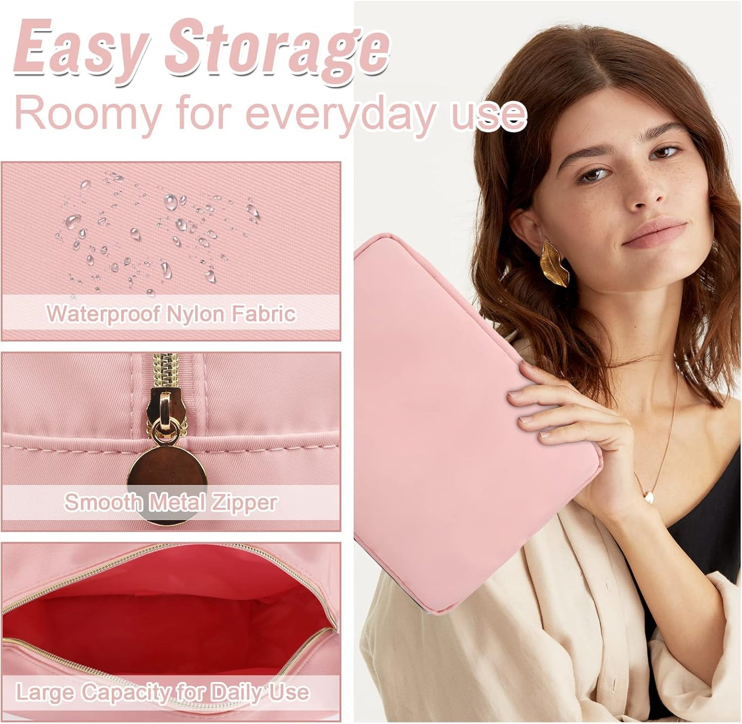 Nylon Large Makeup Bag Travel Pouch for Women, Preppy Big Pink Makeup Bag Cute Cosmetic Zipper Pouch Purse, DIY Chenille Letter Bag Waterproof Toiletry Bag Clutch Makeup Organizer for Women Girl(Pink)