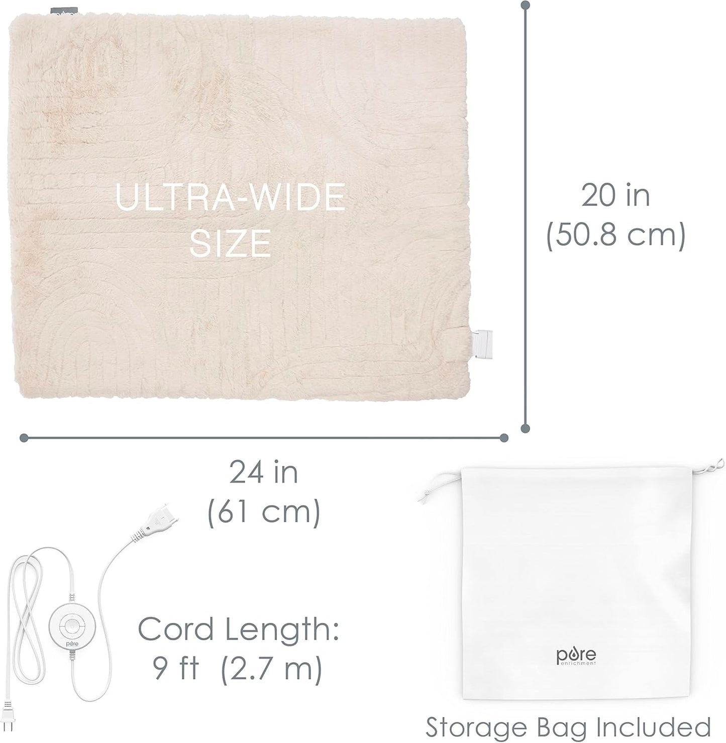 Pure Enrichment® PureRadiance™ Ultra-Wide Luxury Heating Pad for Cramps & Back Pain Relief, Patented Design, Soft Faux Fur & Micromink, 6 Heat Settings, Machine Washable, Large, 20”x24” (Golden Sands)