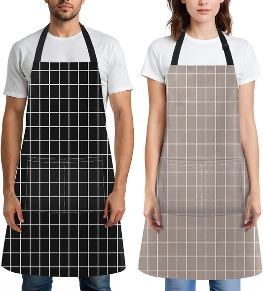 Britimes 2 Pack Aprons, Plaid Check Grid Taupe Adjustable Bib Aprons with 2 Pockets for Women Men Couple Lovers Chef Home Kitchen Cooking Baking Gardening Tan Black Apron 32x28 Inches