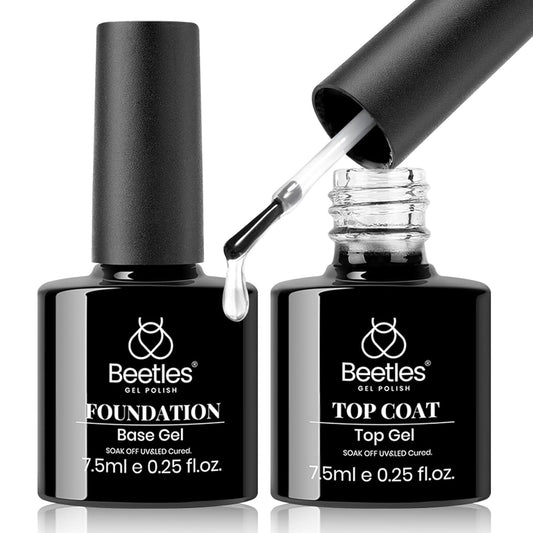 Beetles 2Pcs No Wipe Gel Top Coat and Base Coat Set, High Gloss Clear Long Lasting Base and Top Coat, Soak Off Nail Art DIY at Home
