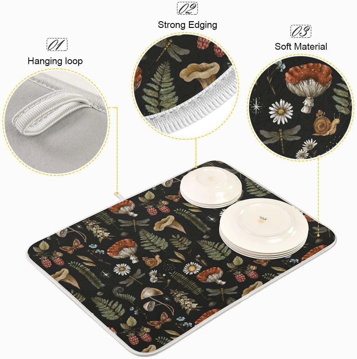 Mushroom Fern Leaves Berry Dish Drying Mat for Kitchen Counter Vintage Botanical Nature Drying Mats Super Absorbent Reversible Microfiber Kitchen Countertop Protector Dishes Pad Medium 16x18 inch
