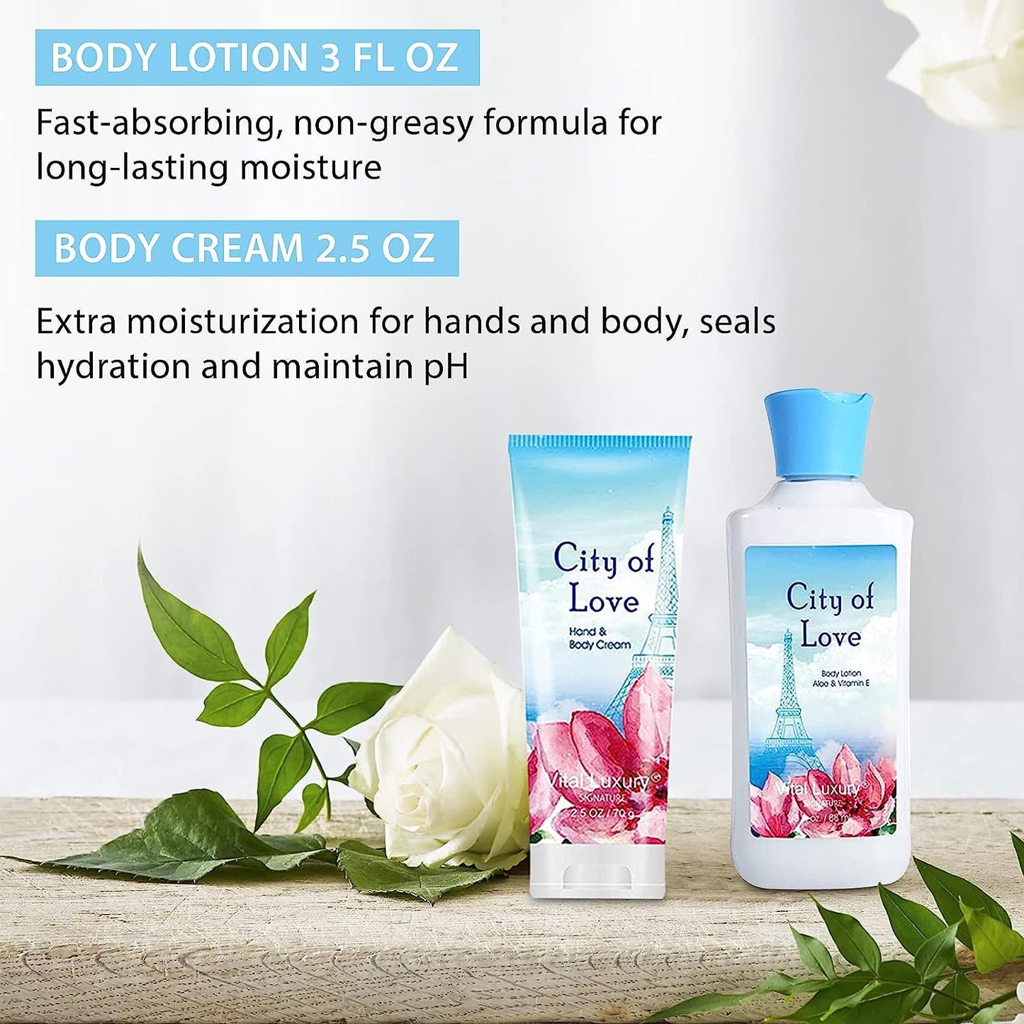 Bath & Body Kit - Body Lotion, Shower Gel, Body Cream, and Fragrance Mist, 3 Fl Oz each, in City of Love, Ideal Skincare Gift Home Spa Set for luxurious indulgence