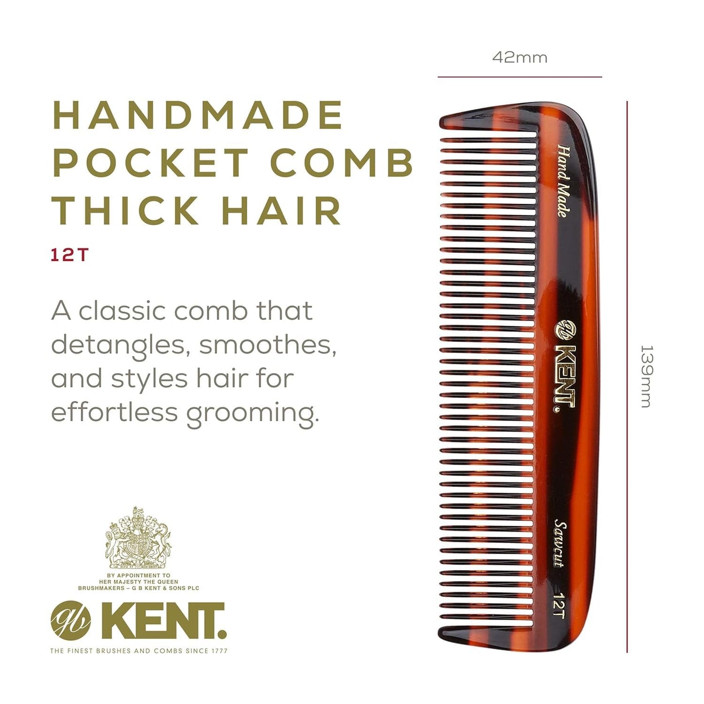 Kent 12T Wide Tooth Detangling Comb - Handmade Pocket Grooming Tool for Thick, Curly, Wavy Hair, Beards and Mustaches - SawCut and Hand Polished