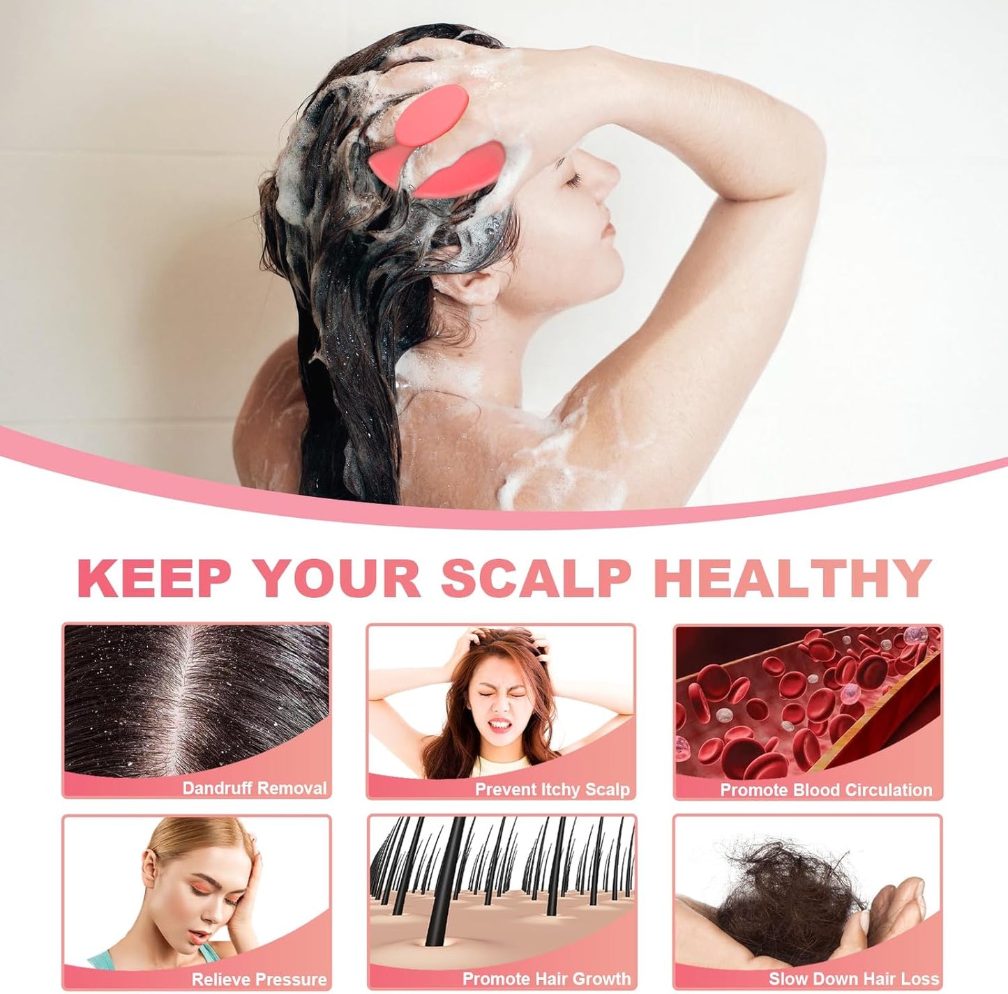 Silicone Scalp Massager Shampoo Brush, Scalp Brush for Hair Growth & Dandruff Removal, Hair Scrubber Scalp Stimulator Exfoliator Brush with Soft Bristles for Wet Dry Scalp Care (Rose Red)