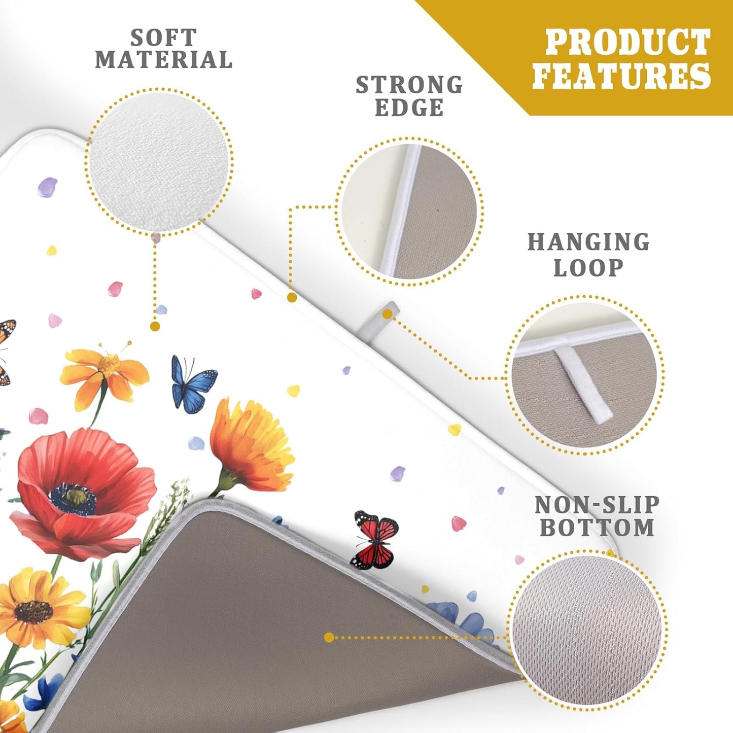 Watercolor Flower Dish Drying Mat 18x24 Inch Floral Butterfly Dish Drainer Protector Pad Washable Reversible Kitchen Counter Dish Dry Pad