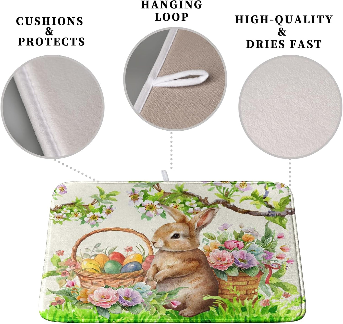 Easter Egg Bunny Dish Drying Mat for Kitchen Counter Floral Flower Basket Drying Mats Absorbent Dish Pad Spring Summer Holiday Medium Dish Draining Mat 18x24 inch