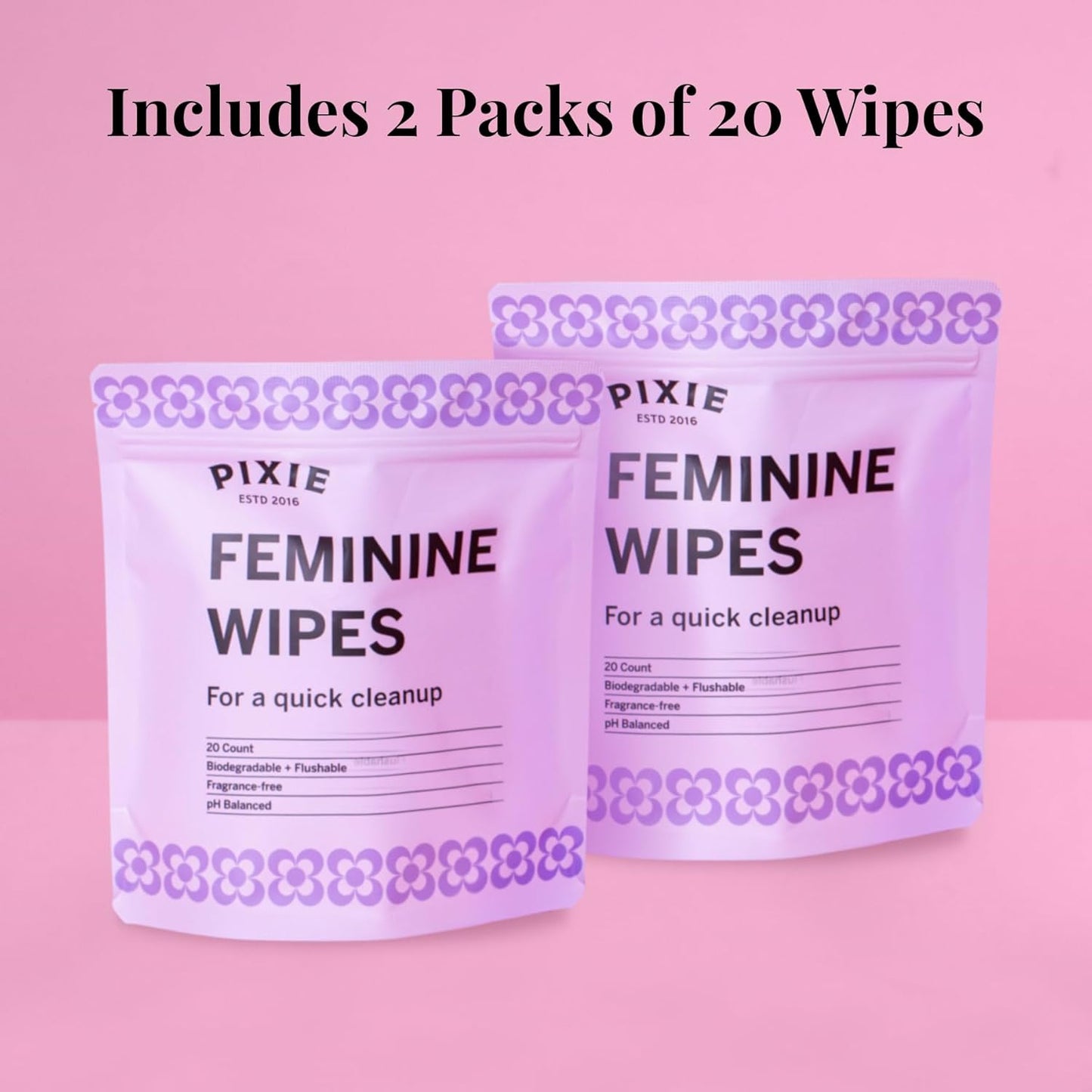 Pixie Feminine Wipes - Flushable, Biodegradable, & Ph Balanced - Best Individually Wrapped Body Wipes for On The Go & Public Bathrooms - Wash, & Cleaner For Your Menstrual Cups & Discs (40 Count)