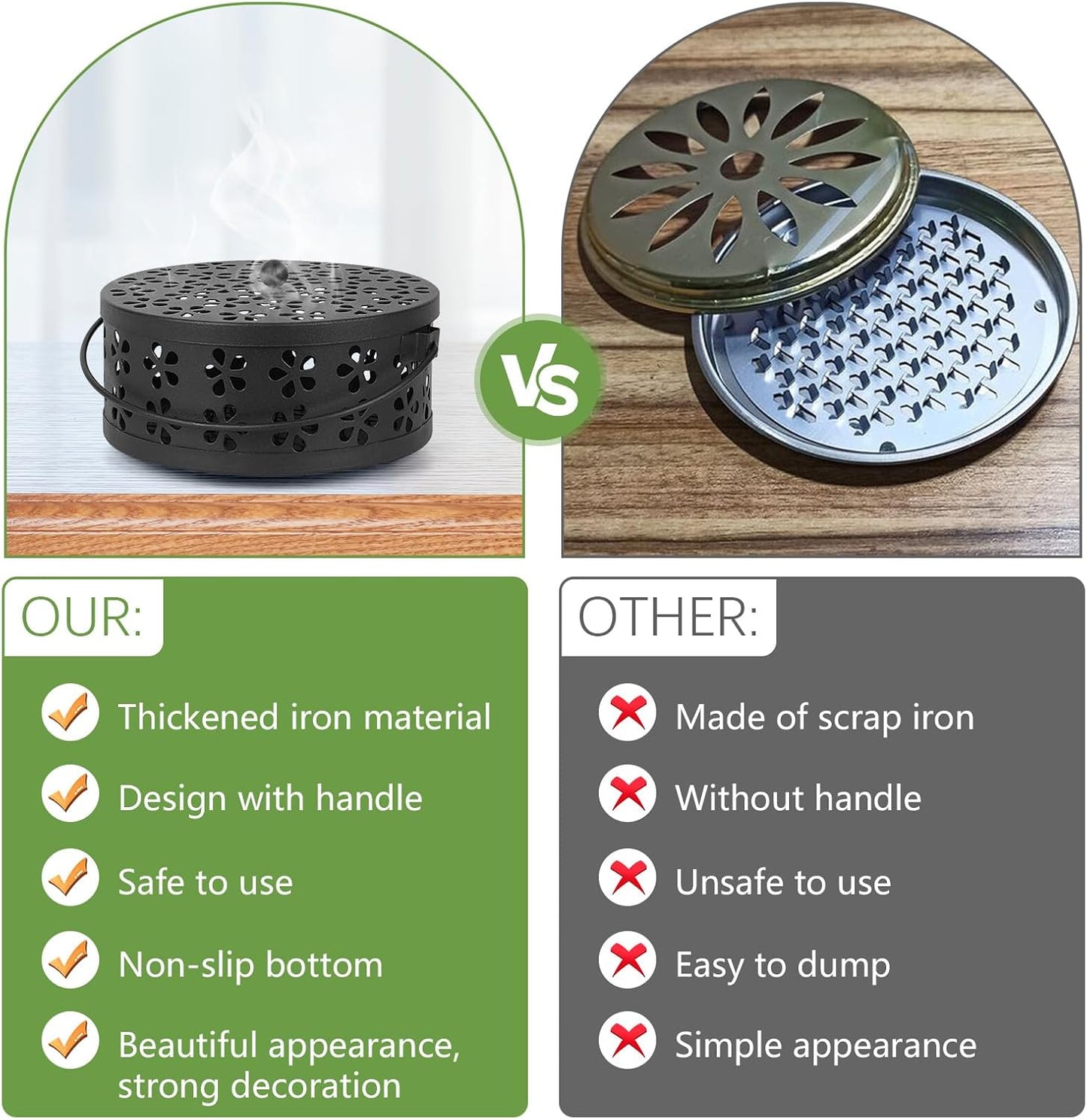 Portable Iron Mosquito Coil Holder with Handle Round Heat-Resistant Incense Holder (2 Pack Black)