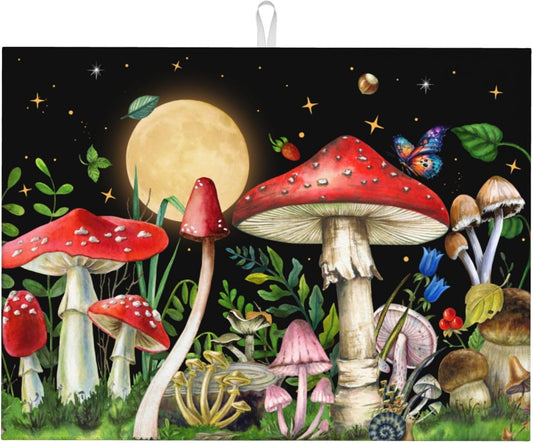 Mushroom Kitchen Drying Mat Witchy Microfiber Dish Drainer Mat for Kitchen Counter Absorbent Reusable Washable 18x24 Inch Black