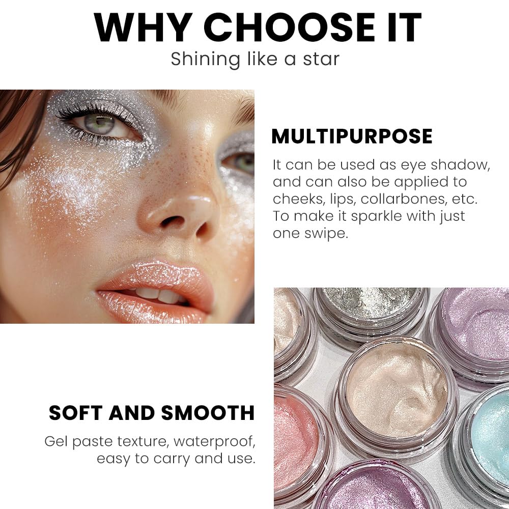 Monochrome Glitter Eyeshadow Palette,Single Silver White Gray Shimmer Eyeshadow,Long-Lasting Sheer Eye Makeup With A Sparkle Finish,Smooth Formula,Vegan & Cruelty-Free