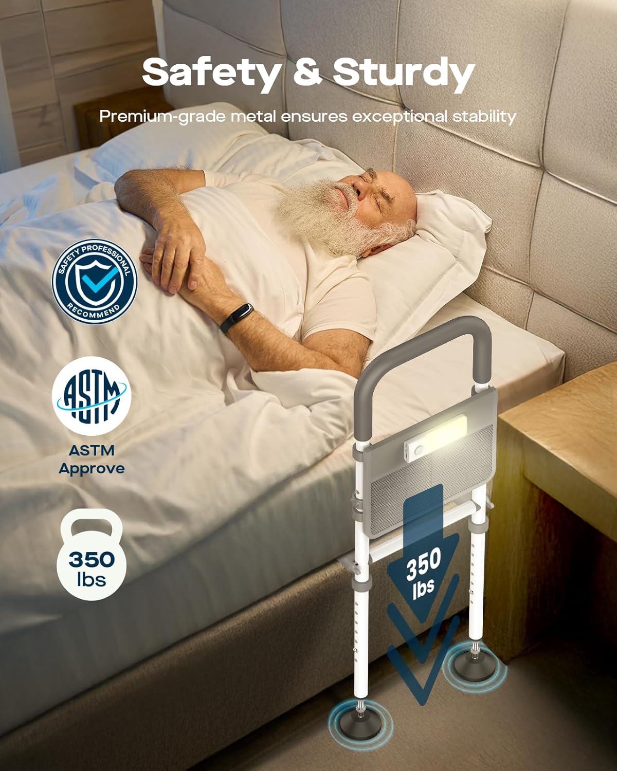 Bed Rails for Elderly Adults Safety, Adjustable Bed Assist Rail for Seniors with Motion Sensor LED Light & Storage Pocket, Non-Slip Handle Support Bar, Fits Twin/Full/Queen/King