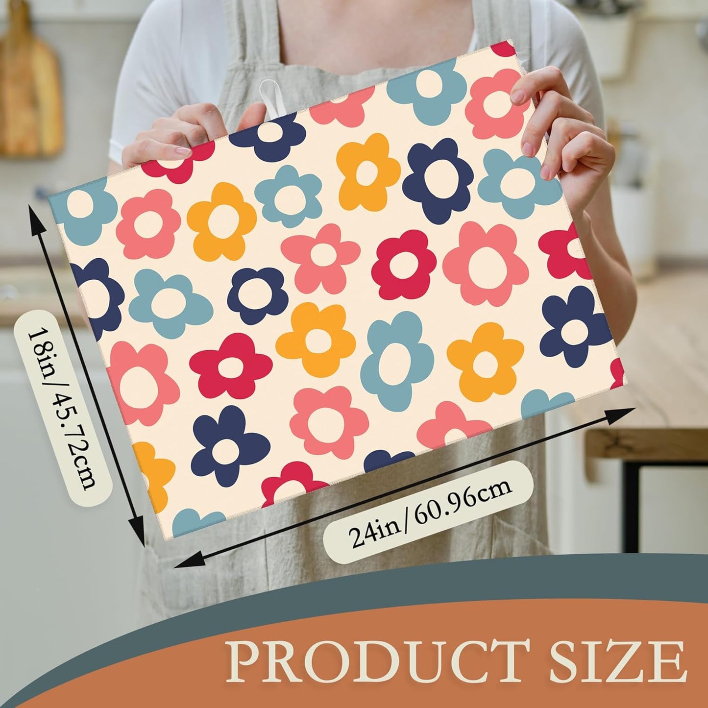 Vintage Groovy Flowers Dish Drying Rack Mats Decor,Colorful Daisy Dish Pad Drying Mat Kitchen Counter 18x24 Inch Absorbent Reversible Microfiber for Coffee Bar Sink Countertop