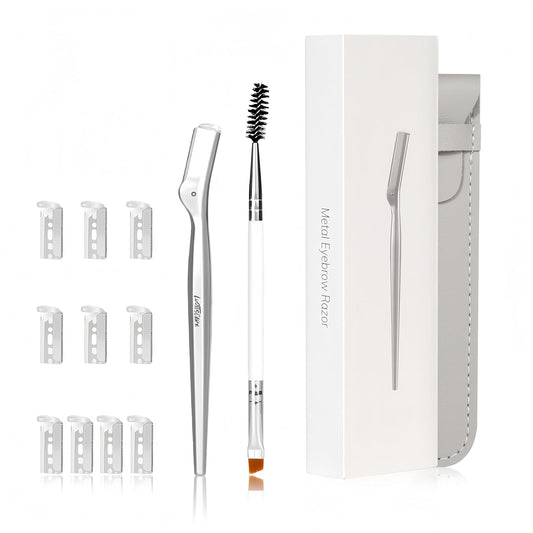 Stainless Steel Eyebrow Razor - Face Razors with Travel Cover & 10 Refill Blades, Eyebrow Brush - Help Exfoliate and Smooth Skin for Eyebrow, Leg, BIKINI, Facial, Beard Remove - S