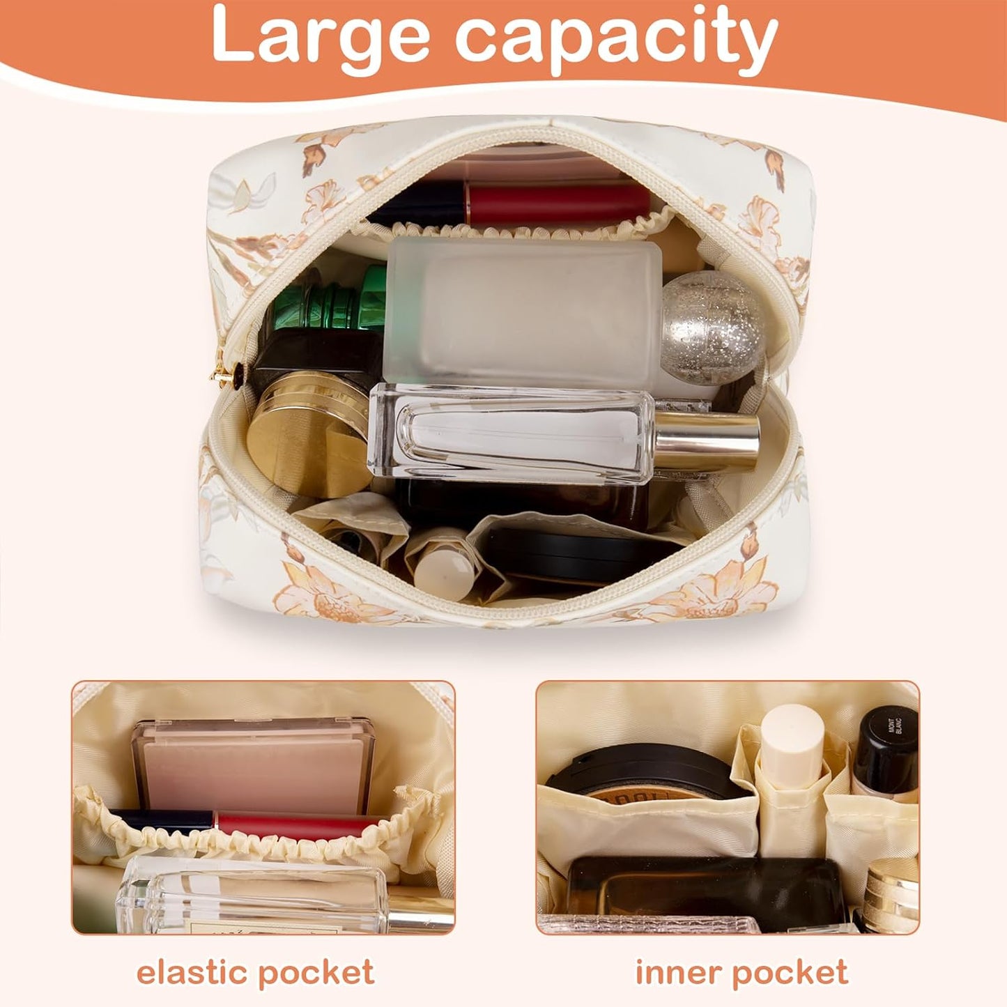 Floral Waterproof Makeup Bag, Leather Cosmetic Bag with Compartments, Zipper Make up Pouch Organizer, Portable Storage Travel Toiletry Bag Gifts for Women Girls(Apricot Flower)