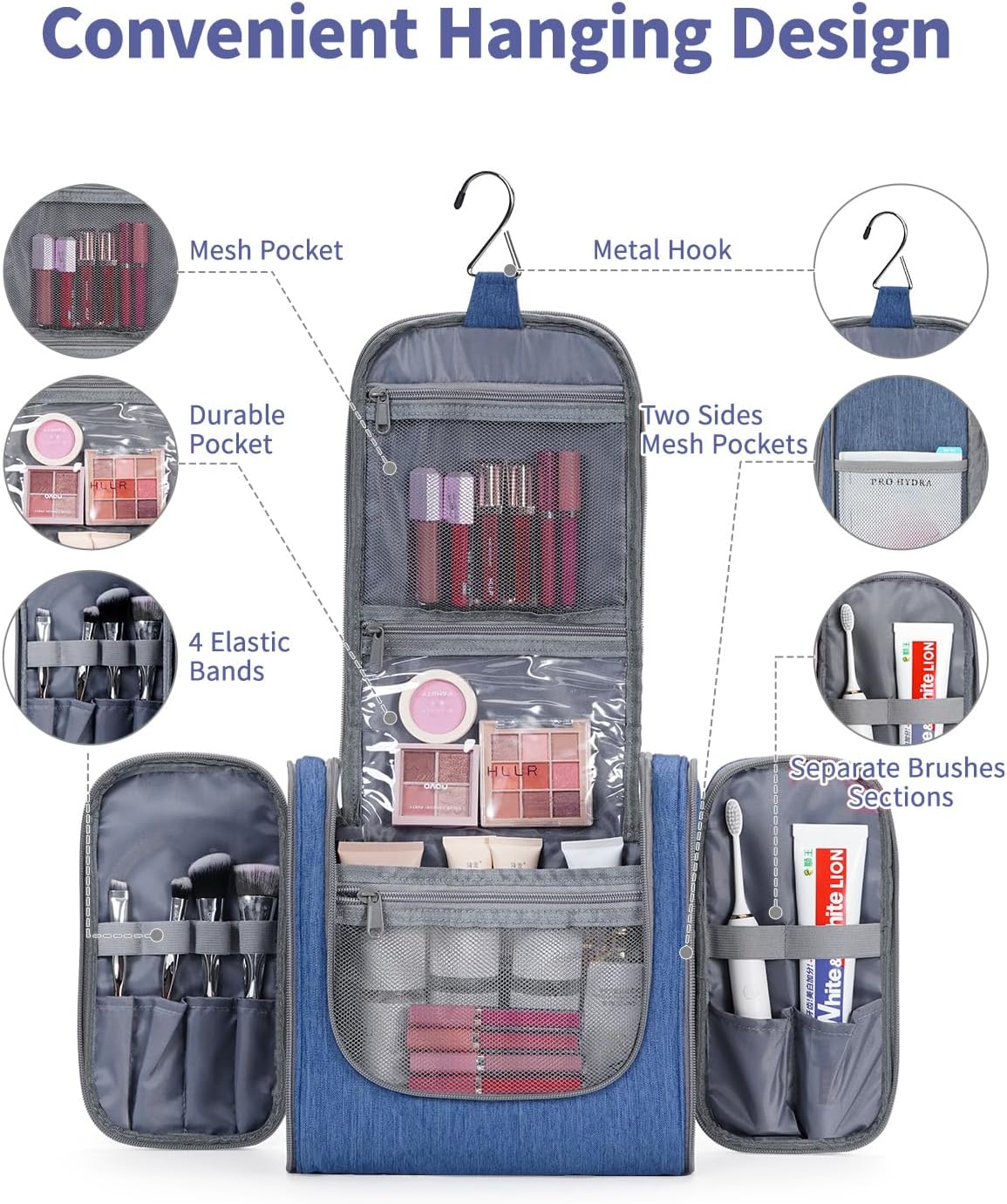 Narwey Hanging Toiletry Bag for Women Travel Makeup Bag Organizer Toiletries Bag Men for Cosmetics Essentials Accessories (Large, Navy Blue)