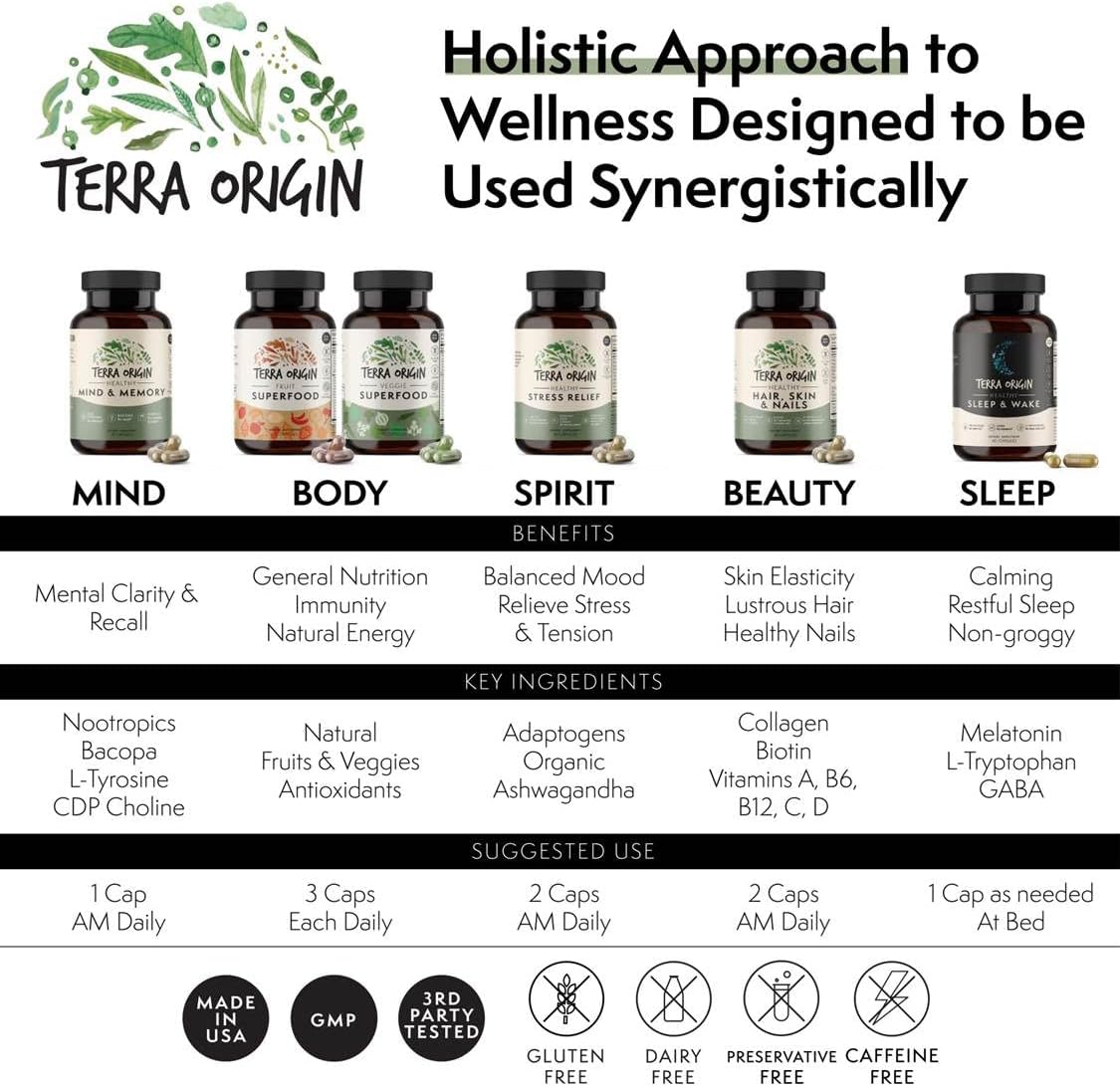 TERRA ORIGIN Healthy Stress Supplement | 60 Capsules | KSM-66 Organic Ashwagandha, L-Theanine, Rhodiola Extract, Astragalus Root and Holy Basil | Stress and Mood Support