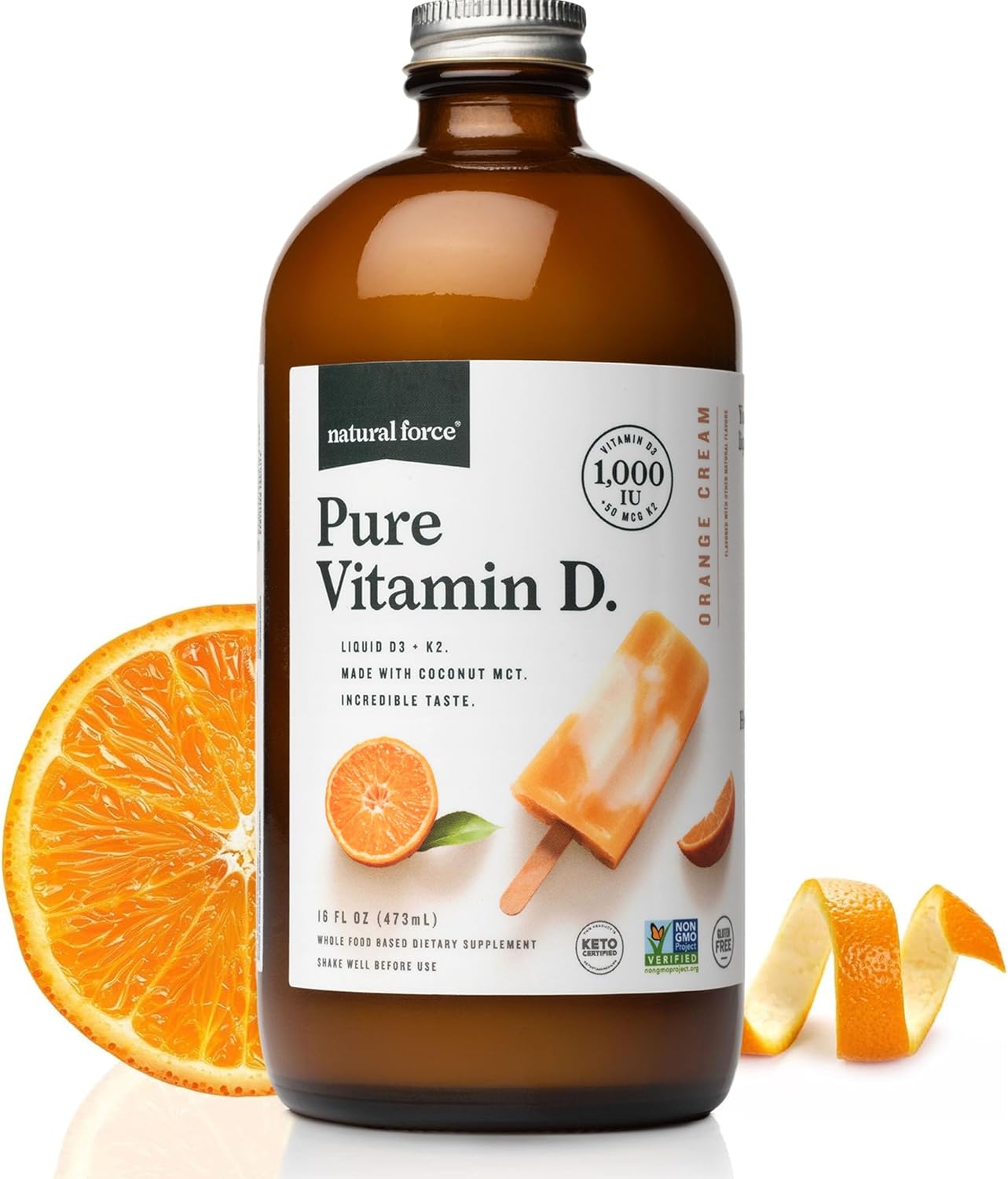 Natural Force Pure Vitamin D – Liquid D3 & K2 with Coconut MCT –1,000 IU, Immunity & Nutrient Absorption Booster- Vegan - Orange Cream, 16 fl oz