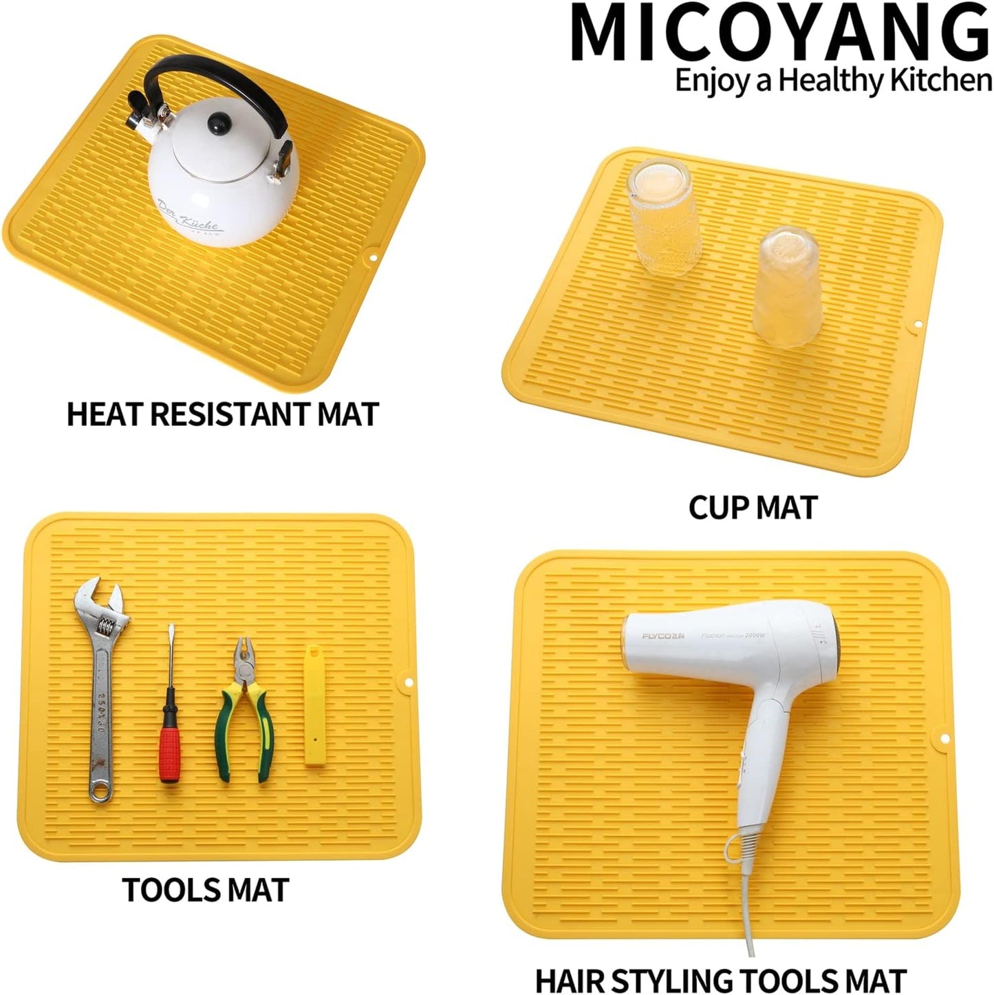 Silicone Dish Drying Mat for Multiple Usage,Easy clean,Eco-friendly,Heat-resistant Silicone Mat for Kitchen Counter or Sink,Refrigerator or Drawer liner Yellow M 12 inches x 12 inches